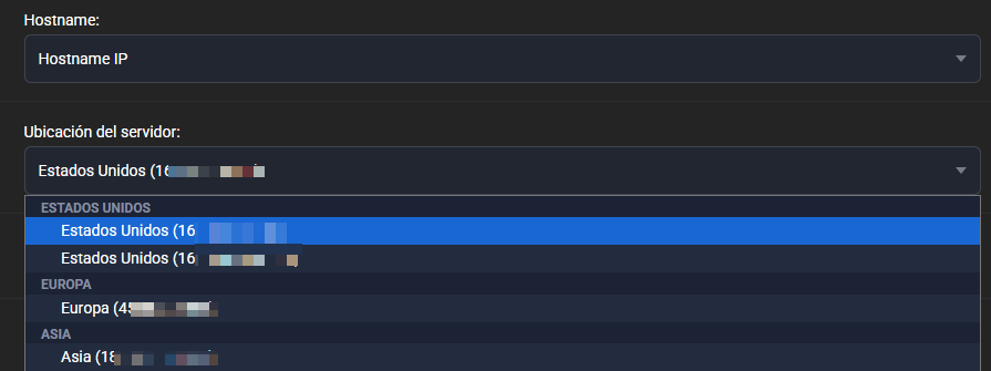 IP Hostname seleccionado en el generador Estándar con la lista de direcciones abierta debajo: dos entradas de United States y una en cada uno de los grupos EUROPE y ASIA (direcciones ocultas)