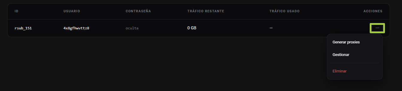 Fila del subusuario rsub_151 en la tabla con el menú Acciones abierto desde el botón de tres puntos: Generar proxies, Gestionar y Eliminar