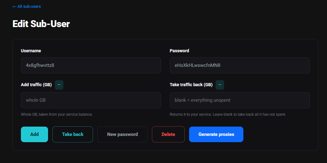 Edit Sub-User page: the Username and Password fields, the Add traffic (GB) and Take traffic back (GB) fields with their hints, and the Add, Take back, New password, Delete and Generate proxies buttons