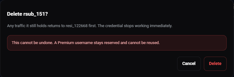 Delete rsub_151? confirmation: the note that any traffic left returns to resi_122668 and the credential stops working immediately, the warning that this cannot be undone and a Premium username stays reserved, and the Cancel and Delete buttons