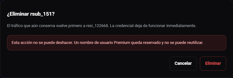 Confirmación Eliminar rsub_151?: la nota de que el tráfico restante vuelve a resi_122668 y la credencial deja de funcionar de inmediato, la advertencia de que la acción es irreversible y de que el usuario Premium queda reservado, y los botones Cancelar y Eliminar