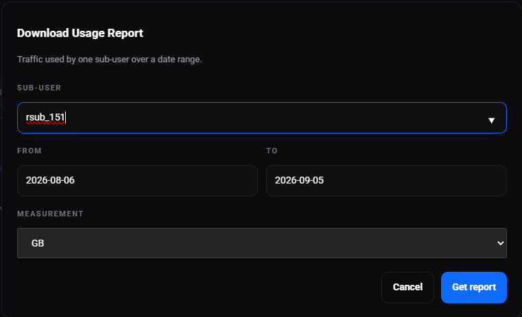 Download Usage Report dialog for a sub-user: the Sub-user selector set to rsub_151, the From 2026-08-06 and To 2026-09-05 dates, the Measurement field set to GB, and the Cancel and Get report buttons