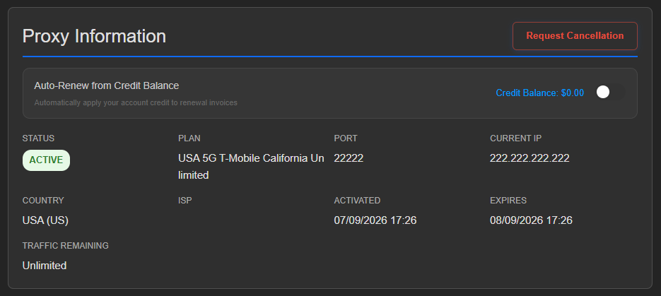 Proxy Information card: ACTIVE status, plan USA 5G T-Mobile California Unlimited, port 22222, current IP 222.222.222.222