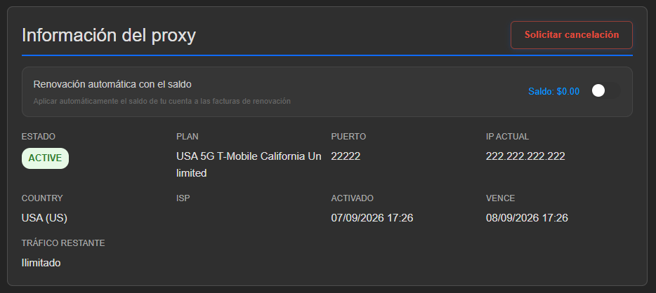 Tarjeta Información del proxy: estado ACTIVE, plan USA 5G T-Mobile California Unlimited, puerto 22222, IP 222.222.222.222