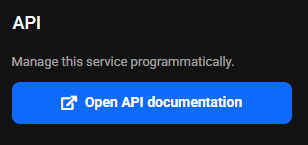 API block: Manage this service programmatically and the blue Open API documentation button