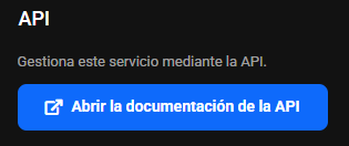 Bloque API: Gestiona este servicio mediante la API y el botón azul Abrir la documentación de la API