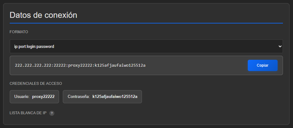 Bloque Datos de conexión: formato ip:port:login:password, la cadena del proxy con el botón Copiar, Usuario y Contraseña