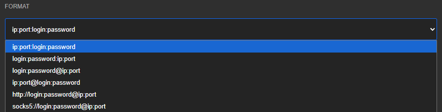 Open FORMAT dropdown with six options, from ip:port:login:password to socks5://login:password@ip:port
