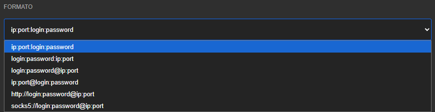 Lista FORMATO desplegada con seis opciones, de ip:port:login:password a socks5://login:password@ip:port