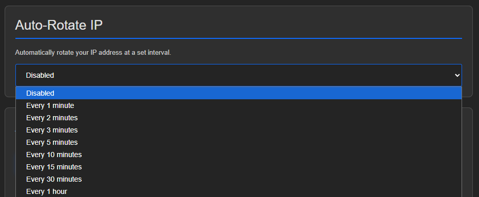 Auto-Rotate IP block with the interval list open: Disabled, Every 1 minute through Every 1 hour