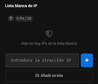 Bloque Lista blanca de IP en el panel lateral: contador 0 IPs / 20, Aún no hay IPs en la lista blanca, Añadir en lote
