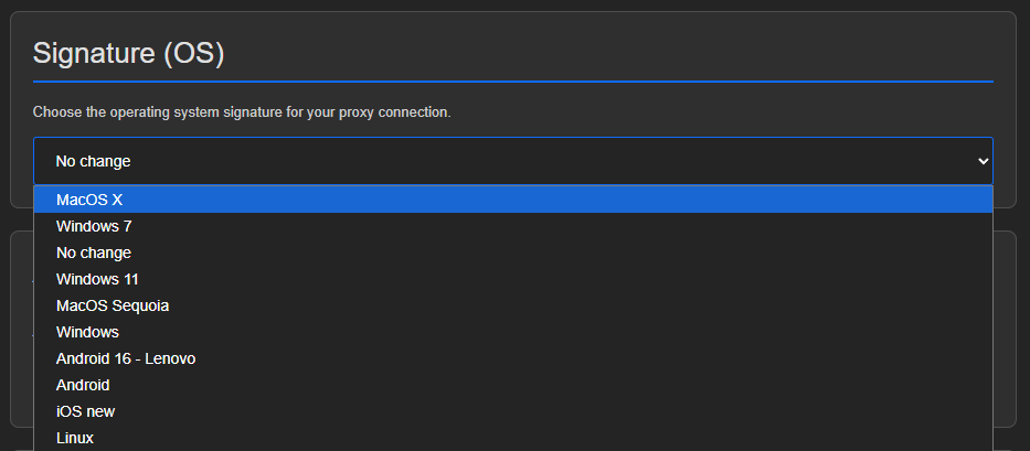Signature (OS) block, 10-option OS list open on No change: MacOS X, Windows 7/11, MacOS Sequoia, Android, iOS new, Linux