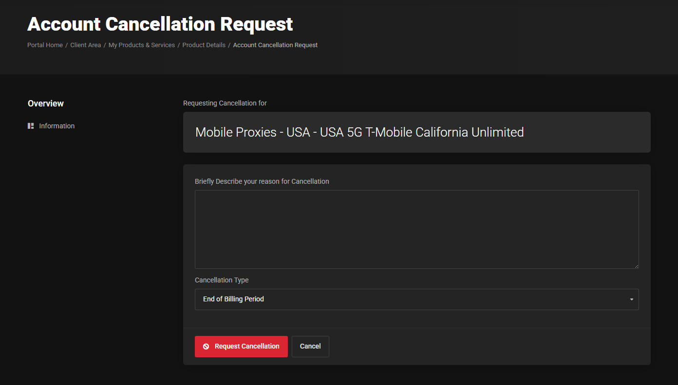 Account Cancellation Request page for the USA 5G T-Mobile California Unlimited mobile proxy, type End of Billing Period