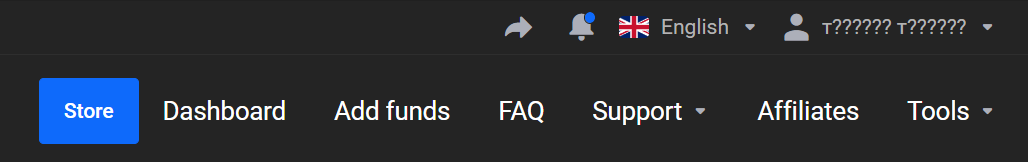 Client-area top menu: the blue Store button, Dashboard, Add funds, FAQ, Support, Affiliates and Tools