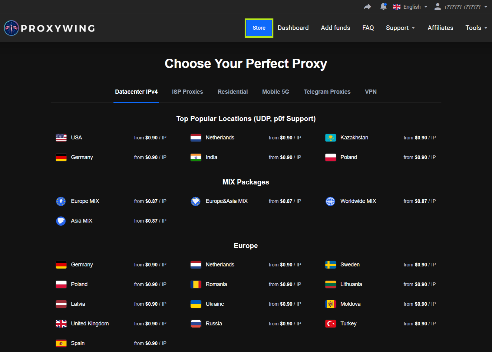 Store catalog Choose Your Perfect Proxy: Datacenter IPv4 tab, top locations from $0.90 / IP and MIX packages from $0.87