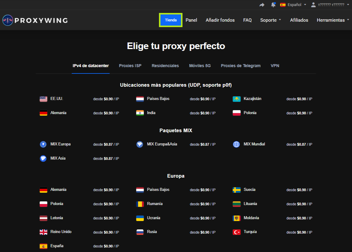 Catálogo Elige tu proxy perfecto: pestaña IPv4 de datacenter, ubicaciones desde $0.90 / IP y paquetes MIX desde $0.87