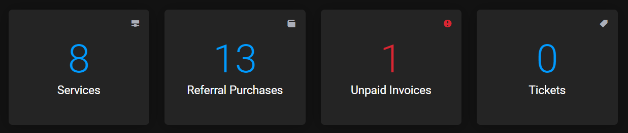 Summary cards of the dashboard: Services 8, Referral Purchases 13, Unpaid Invoices 1 in red and Tickets 0
