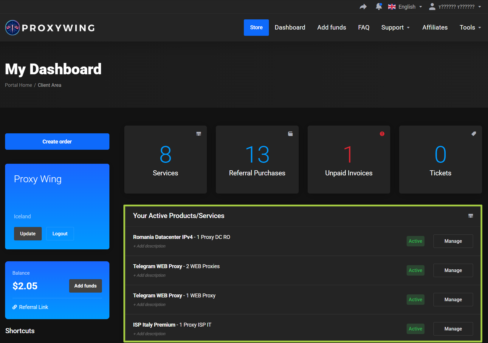 Your Active Products/Services block outlined in green: four services with Active badges and Manage buttons