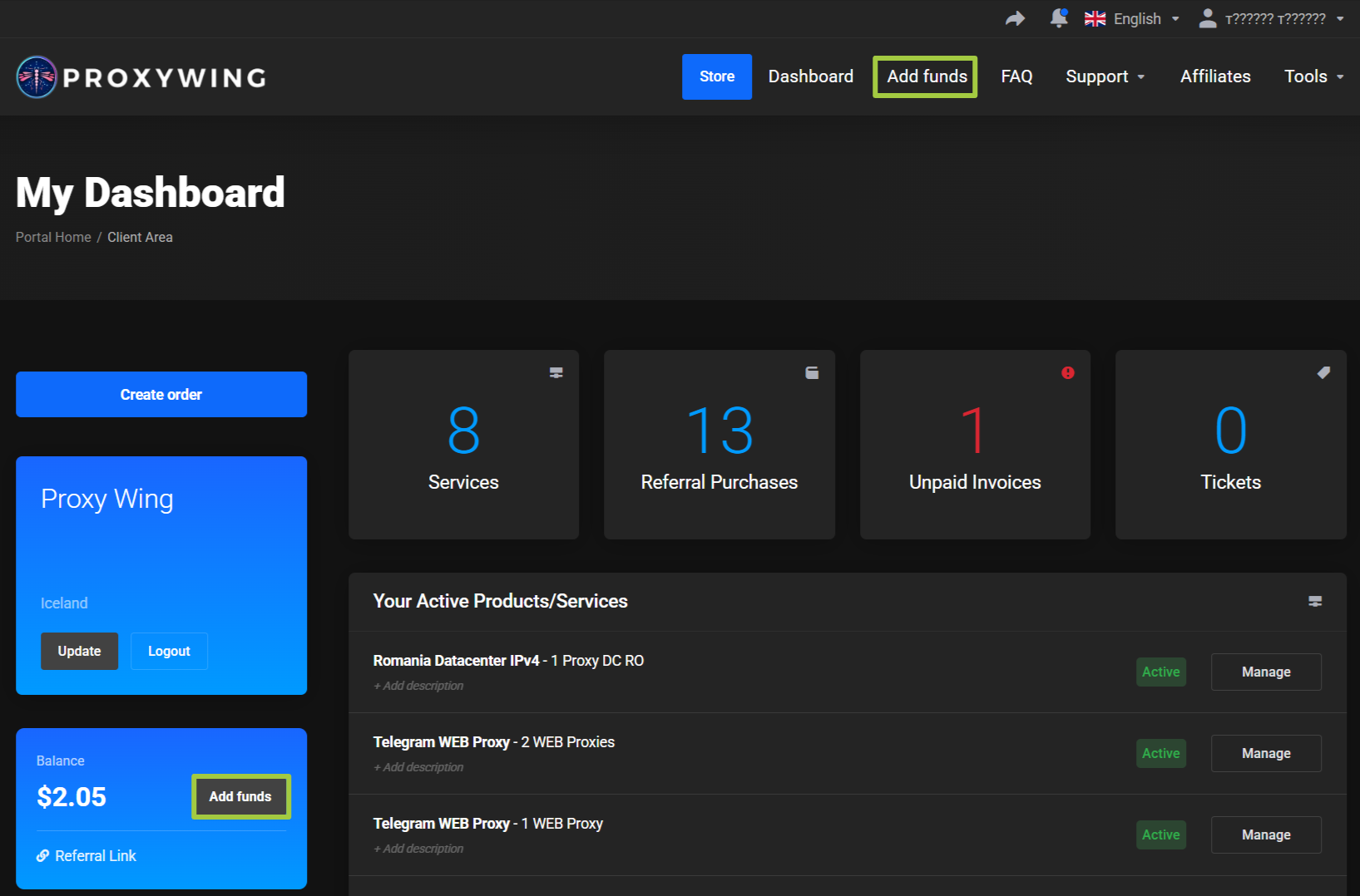 My Dashboard with both Add funds buttons outlined in green: one in the top menu, one beside the $2.05 Balance card