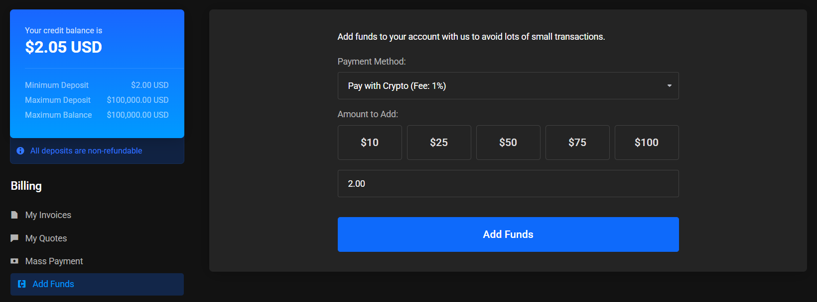 Add Funds page: credit balance $2.05 USD, the Pay with Crypto method, preset $10–$100 amounts and the Add Funds button