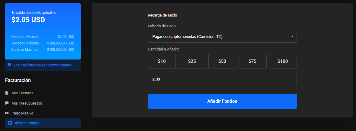 Página «Añadir Fondos»: saldo $2.05 USD, método «Pagar con criptomonedas», importes $10–$100 y el botón «Añadir Fondos»