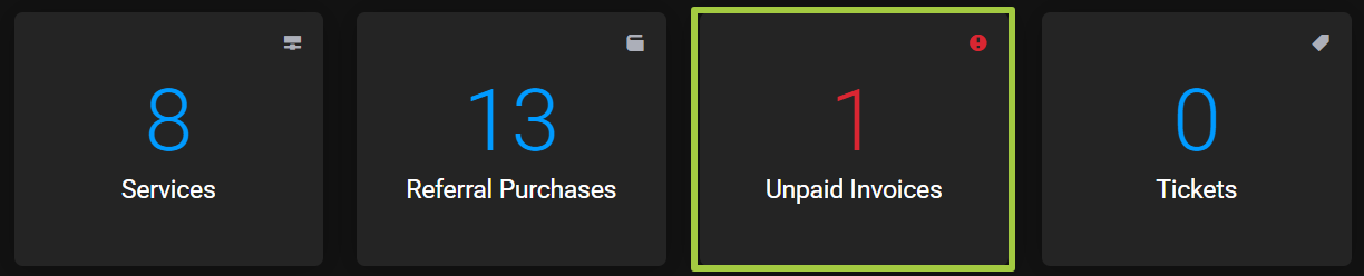 Dashboard counters with the Unpaid Invoices card, showing 1, outlined in green next to Services and Tickets