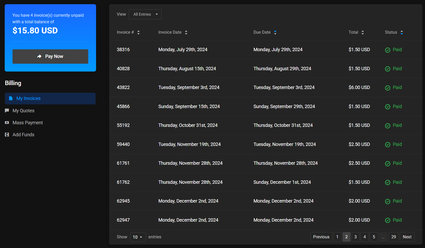 My Invoices list with the Invoice #, Invoice Date, Due Date, Total and Status columns, every row Paid, page 2 of 29