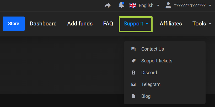 Support in the top menu outlined in green with its dropdown open: Contact Us, Support tickets, Discord, Telegram, Blog