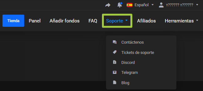 Menú Soporte recuadrado en verde con el desplegable abierto: Contáctenos, Tickets de soporte, Discord, Telegram, Blog