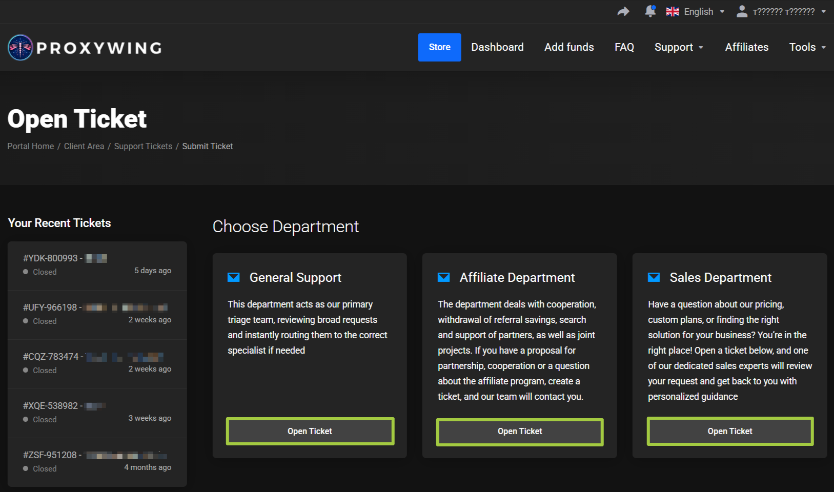 Open Ticket page: Choose Department with the General Support, Affiliate Department and Sales Department cards