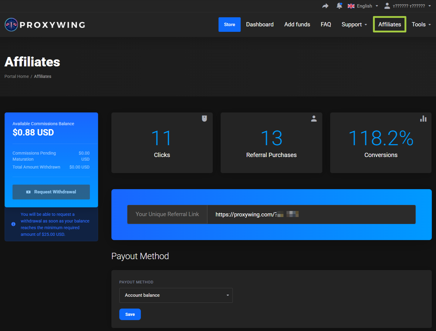 Affiliates page: $0.88 USD commissions balance, Request Withdrawal, 11 Clicks, 13 Referral Purchases, 118.2% Conversions