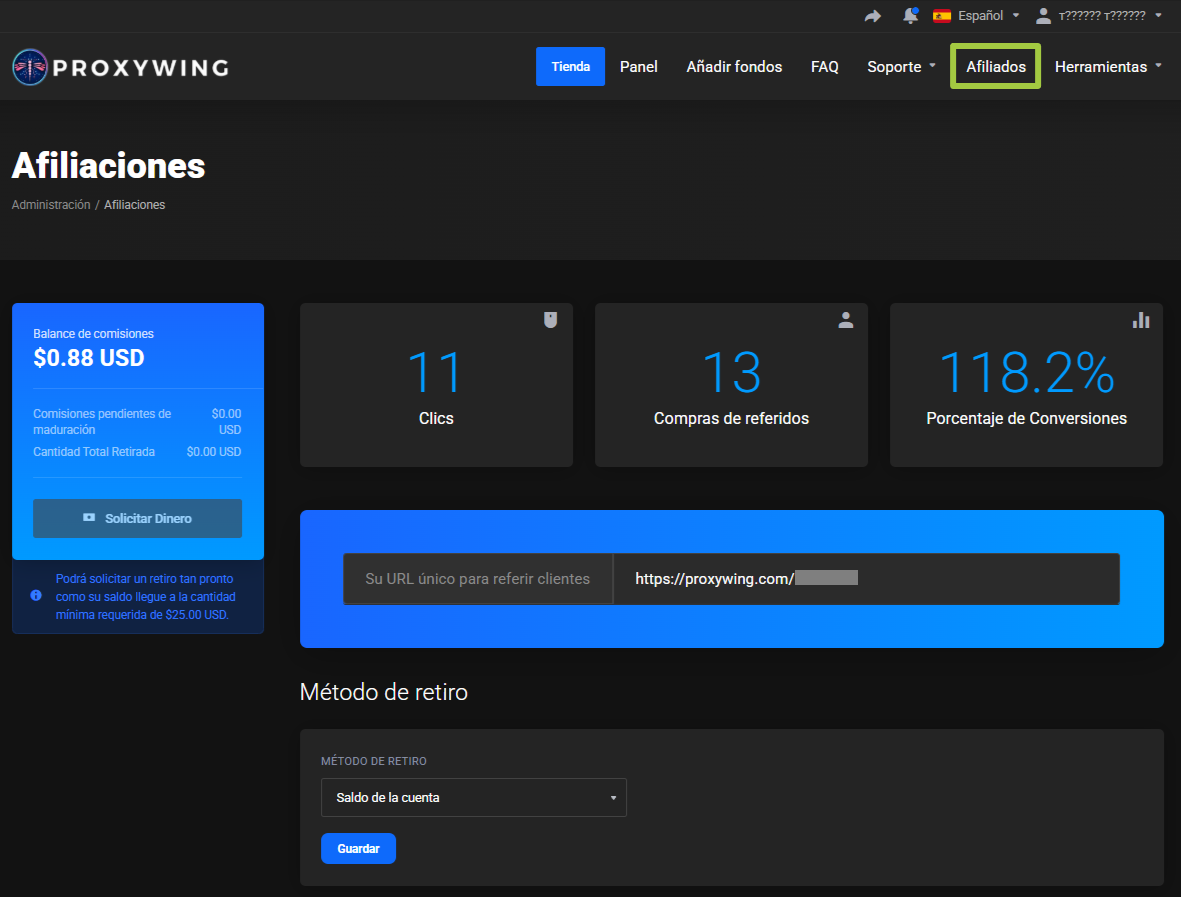 Afiliaciones: Balance de comisiones $0.88 USD, Solicitar Dinero, 11 Clics, 13 Compras de referidos, 118.2% de conversiones