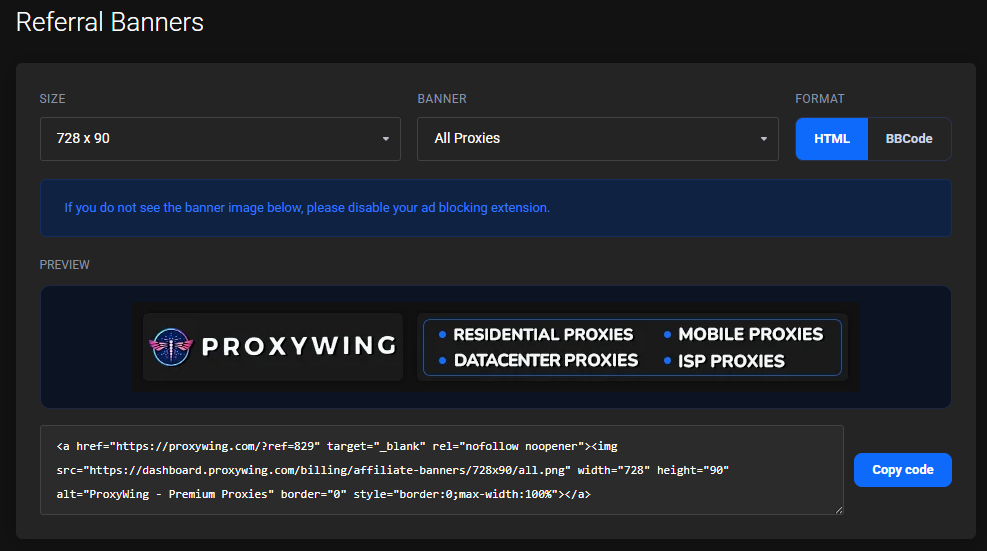 Referral Banners page: SIZE 728 x 90, BANNER All Proxies, HTML/BBCode toggle, banner preview and the Copy code button