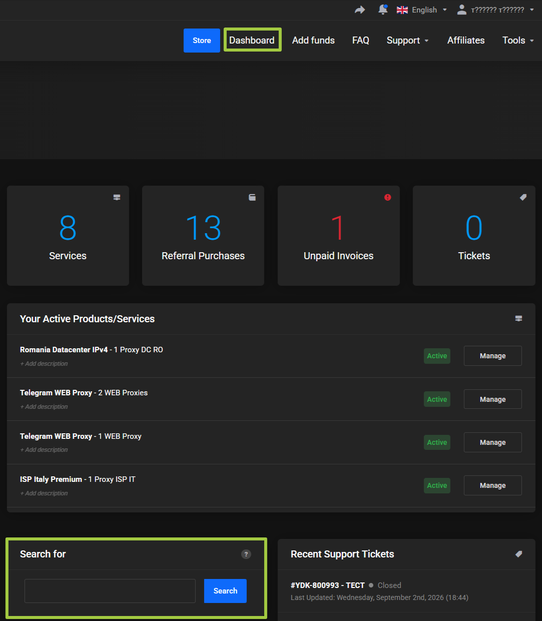 My Dashboard page: the Dashboard menu item and the empty Search for block with its Search button outlined in green
