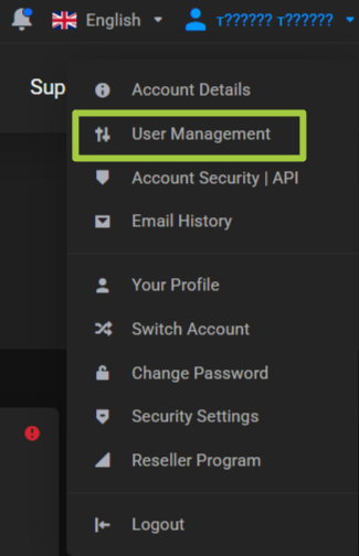 Header account menu with User Management outlined in green, between Account Details and Account Security | API