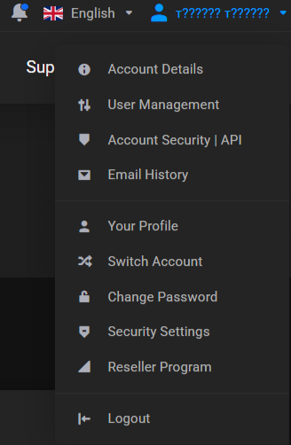 User menu in the top right corner: Account Details, User Management, Account Security | API, Email History