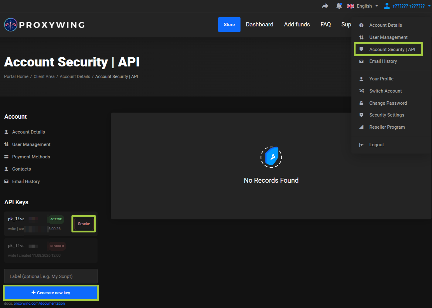 Account Security | API page with the API Keys panel: an ACTIVE and a REVOKED key, the Revoke and Generate new key buttons