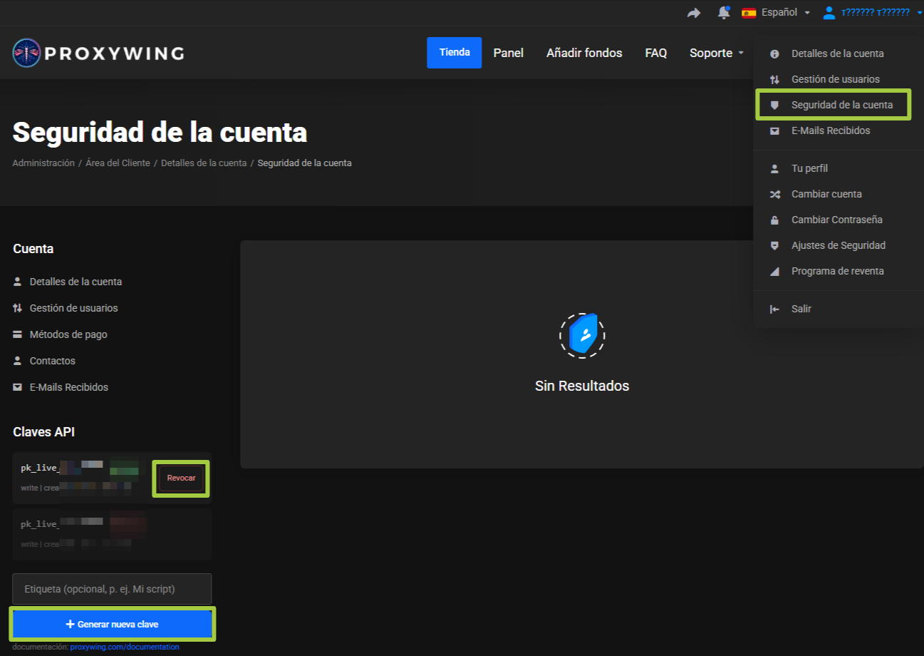 Página Seguridad de la cuenta con el panel Claves API: una clave activa y otra revocada, Revocar y Generar nueva clave
