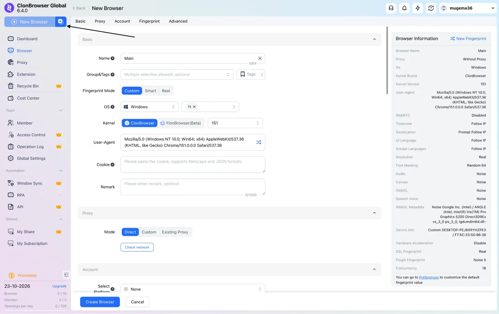 ClonBrowser New Browser wizard