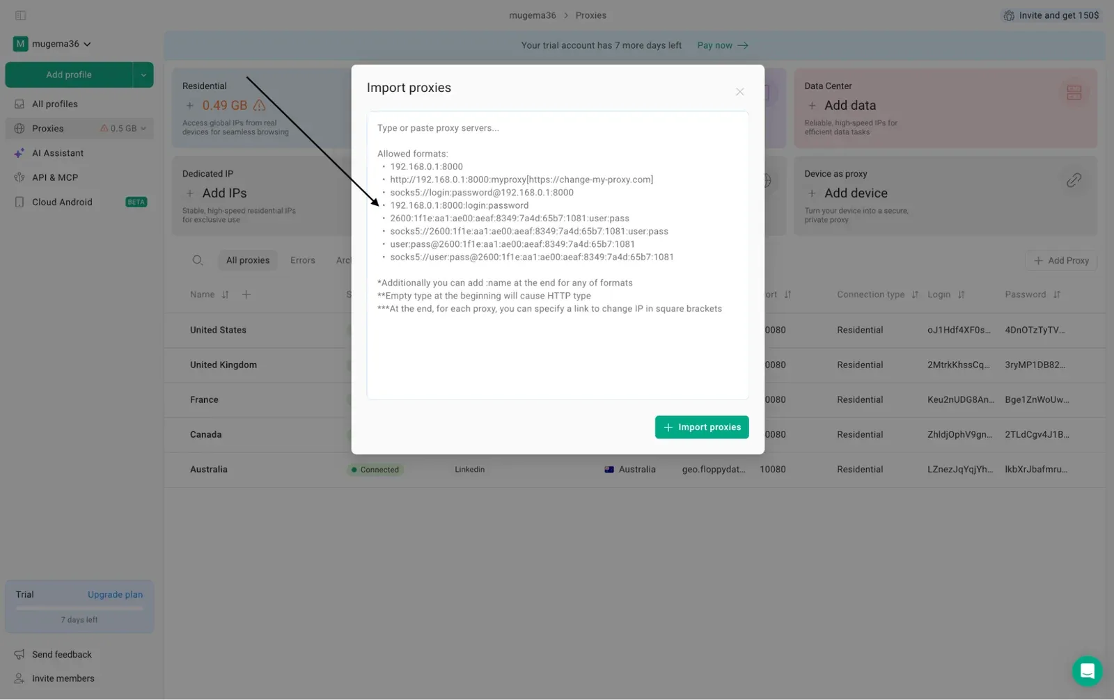 GoLogin की Import proxies विंडो