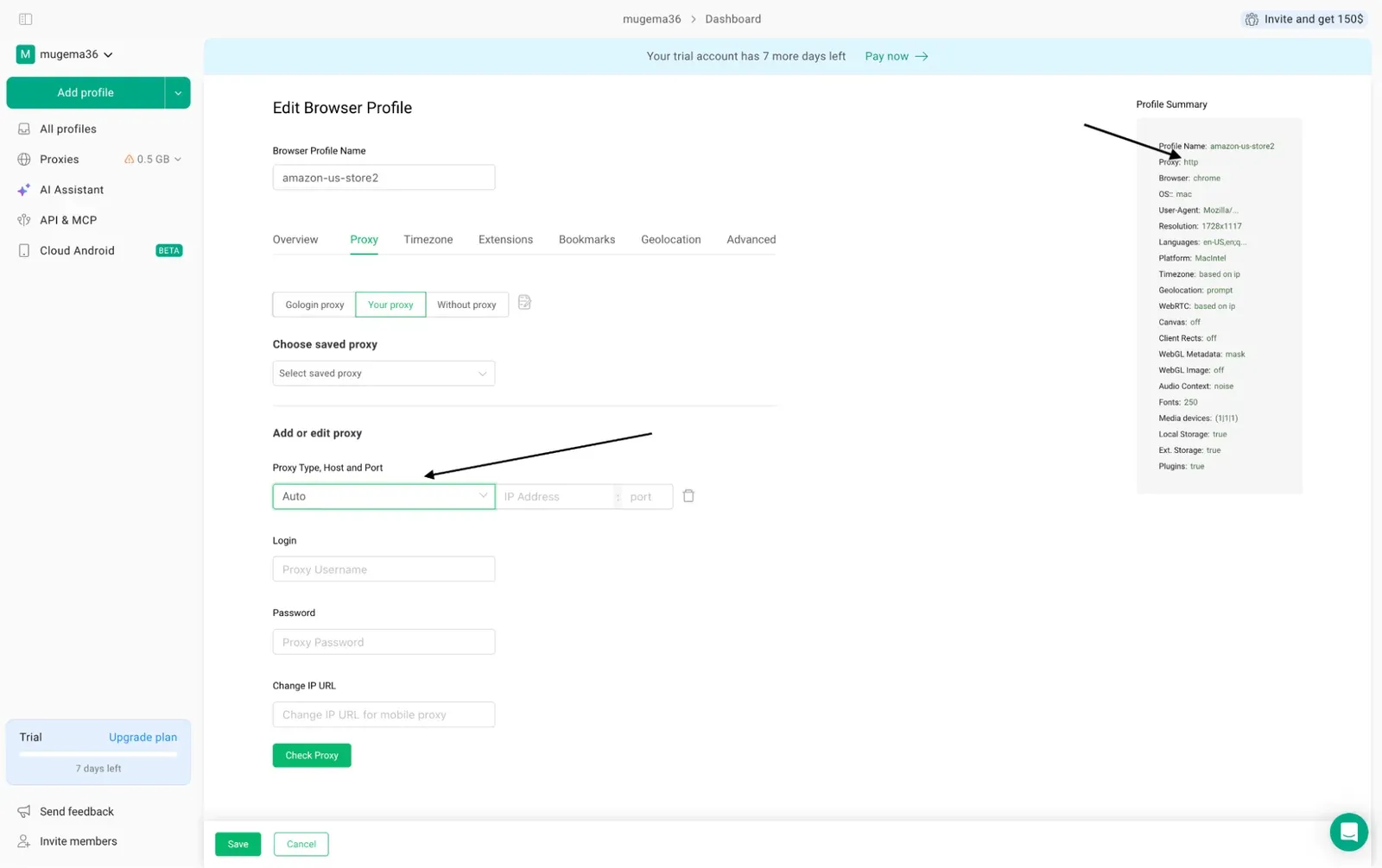 GoLogin में प्रॉक्सी टाइप की सेटिंग