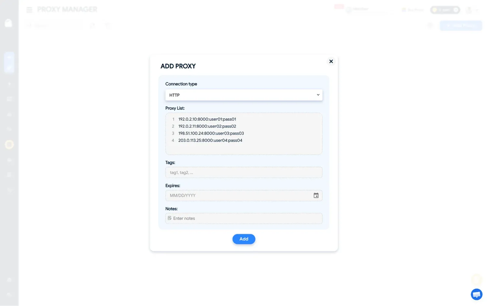 Hidemyacc Add Proxy dialog