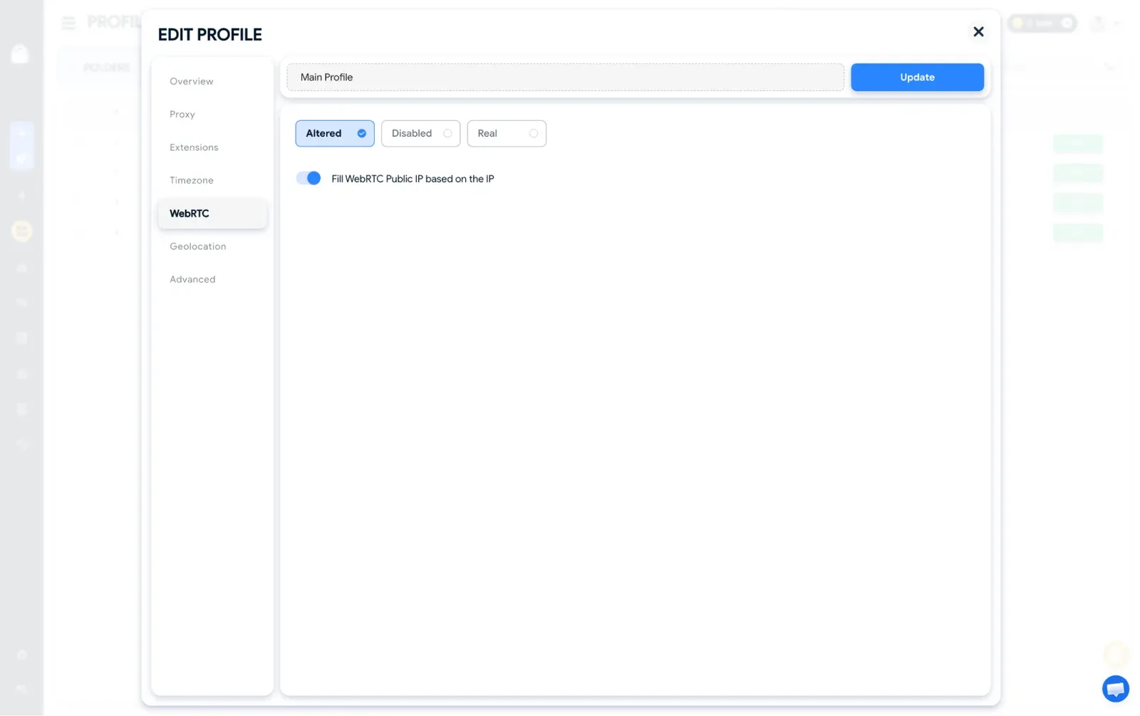 Hidemyacc WebRTC tab options