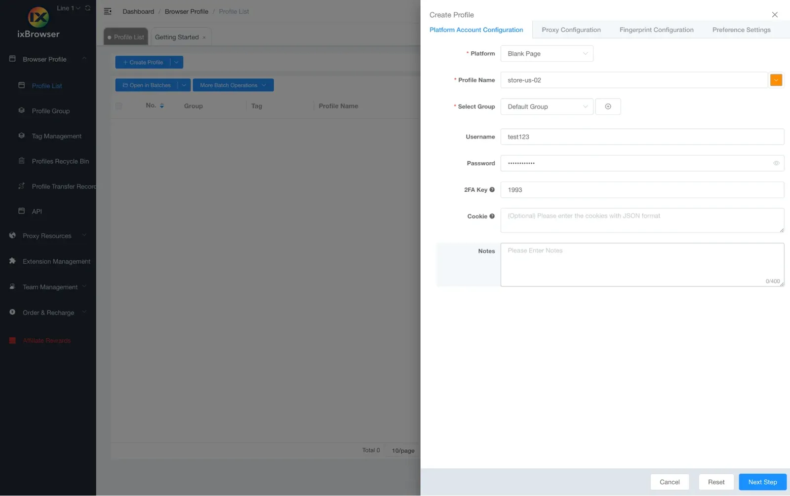 ixBrowser में Create Profile डायलॉग