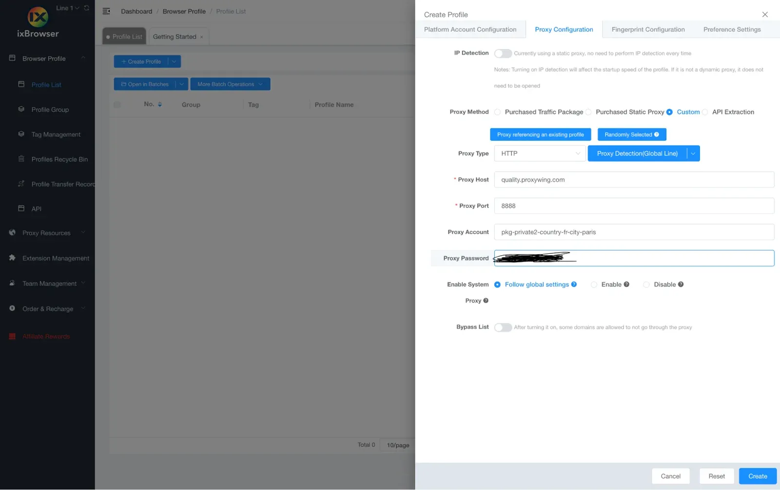 ProxyWing होस्ट के साथ ixBrowser में कस्टम HTTP प्रॉक्सी