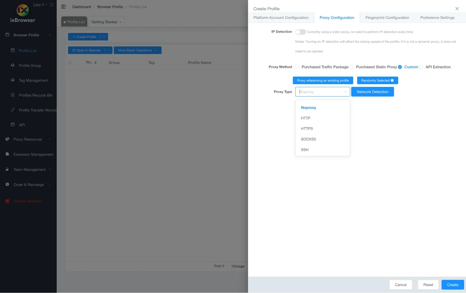 ixBrowser का Proxy Configuration टैब, Custom प्रॉक्सी मेथड के साथ